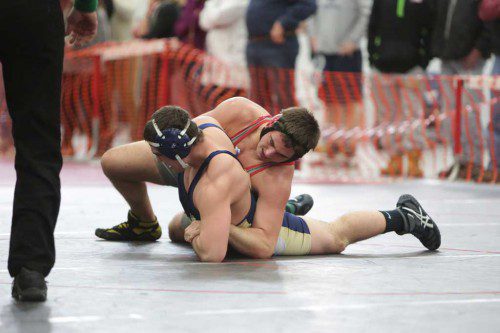 DAN WENSLEY, a senior (right), wrapped up his Warrior wrestling career with a sixth place finish at the 2015 New England Wrestling Championships. Wensley is the first WMHS wrestler to medal in the meet since 1988. (Donna Larsson File Photo)