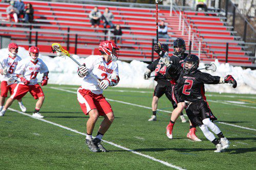 MELROSE RED Raider lacrosse nearly upset Winchester 6-5 on April 2. (Donna Larsson photo) 