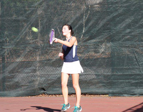 THIRD singles player Izzy Figucia bounced back to defeat her Manchester-Essex opponent 6-2, 6-1 on Thursday after a tough three-set loss to Masconomet, 6-2, 6-7, 0-6. (Maureen Doherty Photo)