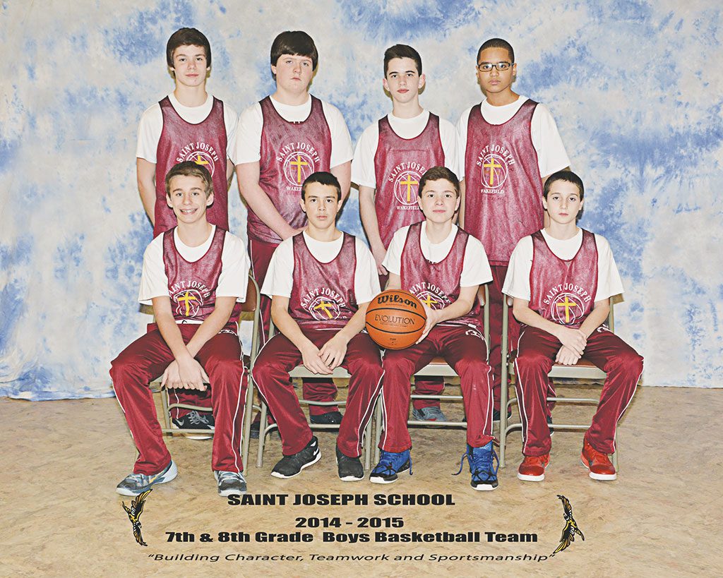THE St. Joseph School Seventh and Eighth Grade Boys’ basketball team enjoyed a very successful season competing in the Middlesex Catholic Elementary Schools Basketball League. The team advanced to the semi-finals in the league’s postseason tournament and also qualified for the Boston Archdiocesan Tournament. The team was coached by Chris Brackett, Paul Cancelliere and Frank Greenwood. The players sitting are Nick Scarpello, Joe Greenwood, Logan Dale and Casey Brackett. The players standing are Frank Cancelliere, Sean Larrow, Matthew Farrell and Alex Pacy.