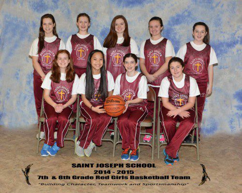 THE St. Joseph School seventh and eighth grade red girls’ basketball team had a great season competing in the Middlesex Catholic Elementary Schools Basketball League.  The team was coached by Stephen Germino, Joshua Germino and Jim Tryder. The players sitting are Sophia Tremblay, Ann Talbot, Lily Farrell and Jackie Lemieux. The players standing are Annie Germino, Katherine Maloney, Bronwyn Cullen, Gina Tryder and Jenna Williams.