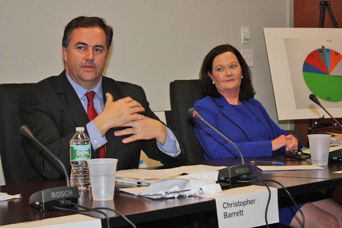 SELECTMAN candidates Chris Barrett and Katy Shea sparred over a series of different finance and municipal issues during Candidates' Night at the Al Merritt Media and Cultural Center on March 31. The forum was sponsored by the Lynnfield Business Coalition. (Dan Tomasello Photo)