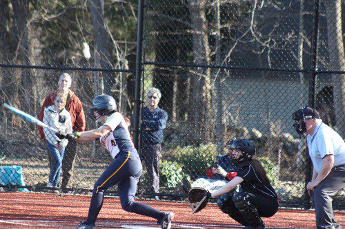 LEIGH GUERRA earns a hit in the break-out sixth inning for the Pioneers against the Ipswich Tigers. She walked home to score the team's 11th run in the 14-0 shutout at home April 15. (Maureen Doherty Photo)