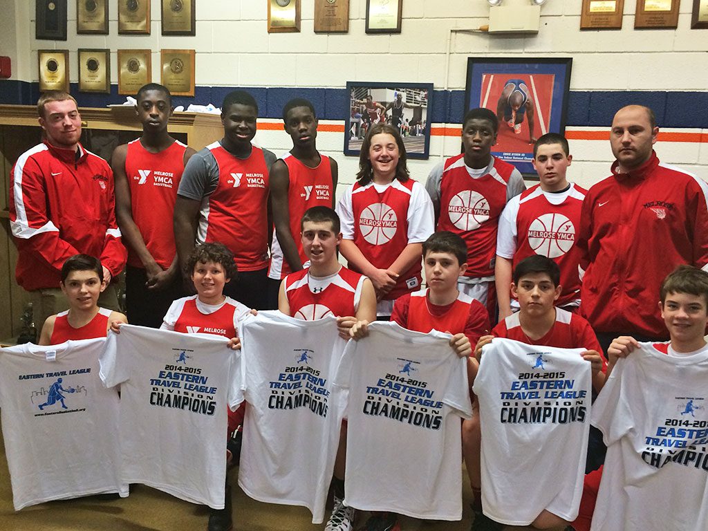 The Melrose YMCA boy’s 8th grade travel basketball team are champions of the Eastern League after a 68-49 win over Rockport in the title game at Salem State University. The team, coached by Thomas Kehoe, sprinted to an overall record of 14-5 before this championship appearance.  Pictured are the winners with their championship t-shirts. Top left: assistant coach Chris Jones, Osaheni Aimuanwosa, Daniel Omorothiowan, Wallace Reed, Theo Morris, Marvin Jean Baptiste, John Ody,head coach Tommy Kehoe. Bottom left Joe Mattuchio, Eddie Krouse, Tony Mannetta, Harry Kelley, Jason Bernhard and Russell Darwin. (courtesy photo)