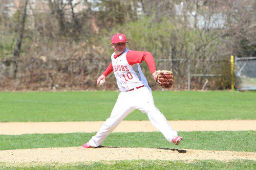 MIKE GUANCI, a sophomore right-hander, earned his second win in as many starts. Guanci pitched five and two-thirds innings giving up an unearned run in Wakefield’s 6-1 triumph against Melrose on Friday at Walsh Field. (Donna Larsson Photo)