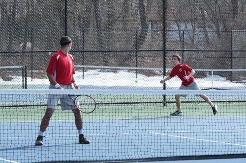 THE FIRST doubles team of Chris Calnan (left) and Noah Sellers (right) earned a three set triumph in Wakefield’s 4-1 victory over Watertown. Calnan and Sellers prevailed 7-5, 3-6, 6-4.  (Donna Larsson File Photo)