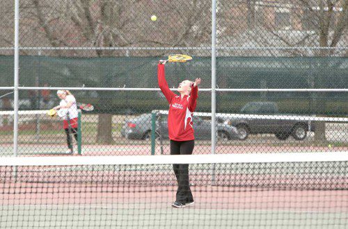 GRACE HURLEY, a junior, played at third singles in Wakefield’s 4-1 victory over Melrose yesterday at the Crystal Street Courts. Hurley posted a 6-1, 6-1 triumph. (Donna Larsson photo)