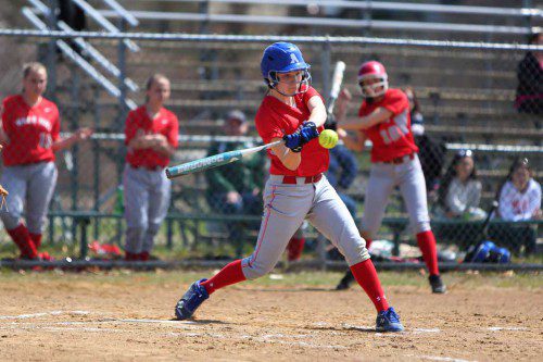 EMMA KRAUS had two hits, one run scored and three RBIs in Wakefield’s win over Stoneham on Friday afternoon at SHS Field. On Saturday, Kraus went 4-for-5 with four runs scored and four RBIs in the Warriors’ 13-5 triumph over Woburn. (Donna Larsson File Photo)