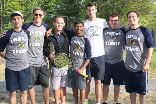 THE BOYS’ TENNIS team gave head coach Adam Milholland a memorable end to his three-year coaching career at Lynnfield High after the Pioneers defeated Newburyport 5-0 on May 18. From left, senior Mike Romano, senior Sam Forrest, Milholland, senior captain Shreyas Kudrimoti, senior captain Ethan Forrest, senior Nick Wilkinson and senior Paul DiRico. (Dan Tomasello Photo)