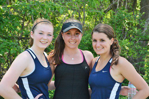 GIRLS’ TENNIS STARS, from left, Katie Nevils, Sarah Mezini and Olivia Skelley are advancing to the quarterfinal round of the State Individual Tournament this weekend at Lexington High School.  (Jane Skelley Photo)