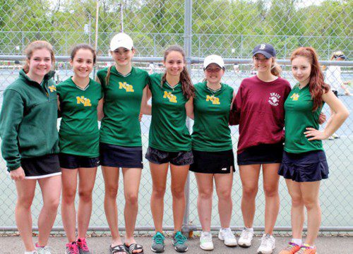 THE GIRLS TENNIS VARSITY SQUAD at the MIAA individual state sectionals on Saturday May 16. Pictured left to right are: Aly Budny, Tia Campagna, Meghan Griffin, Marissa Galuppo, Meg Carlo, Jenny Crotty, and Kaylin Scher. (Courtesy Photo)