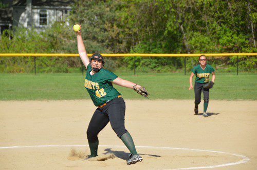 SOPHOMORE JULIA PERRONE started the game against Triton and went all five innings before umpires called it, 16–0. (Bob Turosz Photo)