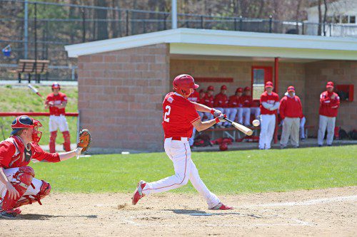 DEREK SCIMEMI has been just as strong at the plate as on the mound for the Red Raider baseball team who are on the cusp of qualifying for playoffs after a win over Burlington on Monday. (Donna Larsson photo)