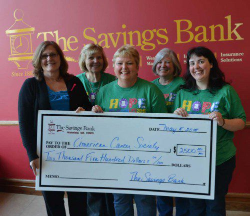 THE TSB LIFESAVERS, The Savings Bank’s Relay for Life Team, recently presented a donation to the Wakefield American Cancer Society’s Relay for Life as sponsors of the Survivorship Dinner. Taking part in the check presentation are (front row, left to right) Judy Hunt of The Savings Bank, event chair Lisa Ventura, and team captain Amy Walsh. (Back row, left to right) Survivor co-leaders Linda Sparks and Debbie Ameele. The 2015 Relay for Life will be held on June 19th and 20th at the Northeast Metropolitan Regional Vocational School. The bank has participated in Wakefield’s Relay for Life since the event began in 2000.