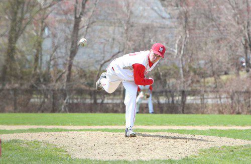 ANDREW AULD, a junior right-hander, went five innings giving up two hits while striking out seven batters in Wakefield’s 6-2 win over Woburn yesterday in the regular season finale.  (Donna Larsson File Photo)