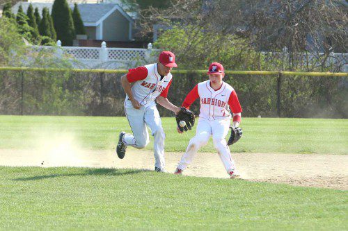 INFIELDERS Corey Imbriano (left) and Shawn Smeglin converge on a ground ball in a recent game. Imbriano pitched three innings of relief yesterday against Woburn while Smeglin had two hits, a sacrifice and scored a run. (Donna Larsson File Photo)