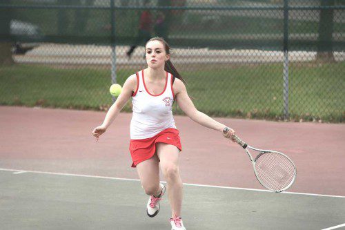 SARAH STUMPF, a junior, posted a 6-2, 6-2 victory at second singles in Wakefield’s match against Stoneham yesterday afternoon. (Donna Larsson File Photo)