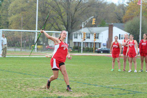 JULIA DERENDAL, a junior, captured first in the javelin with a state qualifying throw of 91-5 in Wakefield’s 74-62 win over Melrose on Tuesday at the Pine Banks Track. (Donna Larsson Photo)