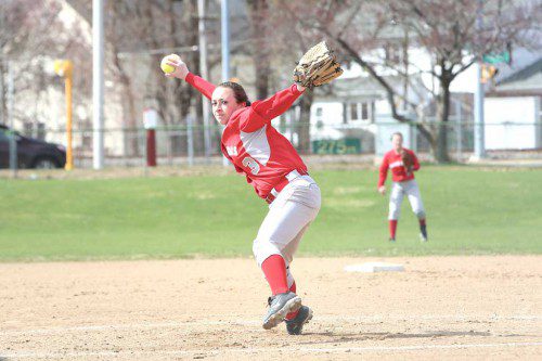 AMANDA BOULTER, a senior right-hander, pitched two innings and earned a save in Wakefield’s 10-6 victory over Belmont. Boulter also had two hits, scored a run and knocked in a run. (Donna Larsson File Photo) 