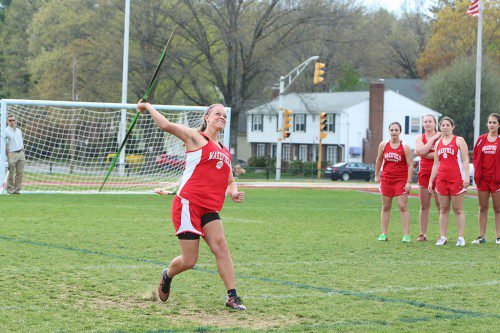 JULIA DERENDAL qualified for nationals in the javelin with a throw of 110-8 in Wakefield’s makeup meet against Woburn. She came in first in the event. (Donna Larsson File Photo)