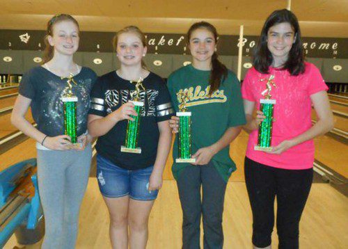 THE Teenage Bowling League at the Wakefield Bowladrome had a wrap-up pizza party on Saturday, May 16. The championship team with their trophies (left to right) are Julia Morton, Kelly Hourihan, Alyssa Grossi and Emma Patch. Missing from the photo is Chris Power. (Bob Curran Photo)