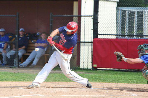 MIKE ADDESA swings at a pitch for the Melrose Americans InterCity baseball team who opened their 2015 summer season earlier this month. (Donna Larsson File Photo)