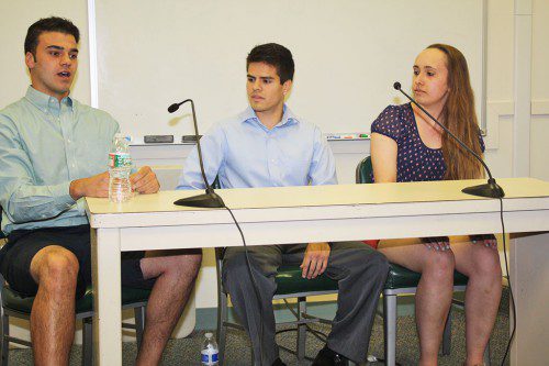 COLLEGE STUDENTS, from left, Carmine DiCesare, Andrew Drinkwater and Cassandra Keane gave a presentation about their college experiences at the School Committee’s May 26 meeting.  (Dan Tomasello Photo)