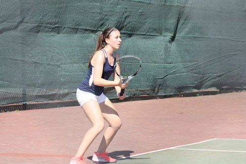 SOPHOMORE Sarah Mezini will be starting at first singles when the Pioneers begin their quest to win Lynnfield’s second straight Division 3 state title this month. (Dan Tomasello Photo)