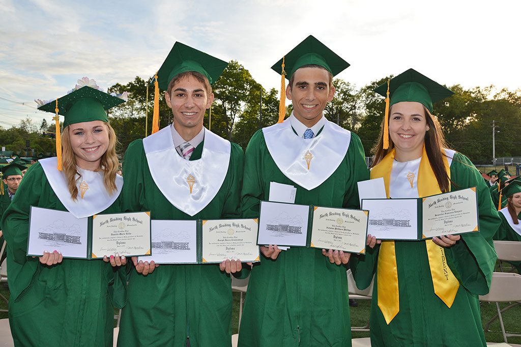 CLASS SPEAKERS at Commencement for the Class of 2015 display their diplomas. From left: Danielle Gillis, Joseph Tramontozzi, Nicholas Phillips and Jackie Lanzaro.(Bob Turosz Photo)