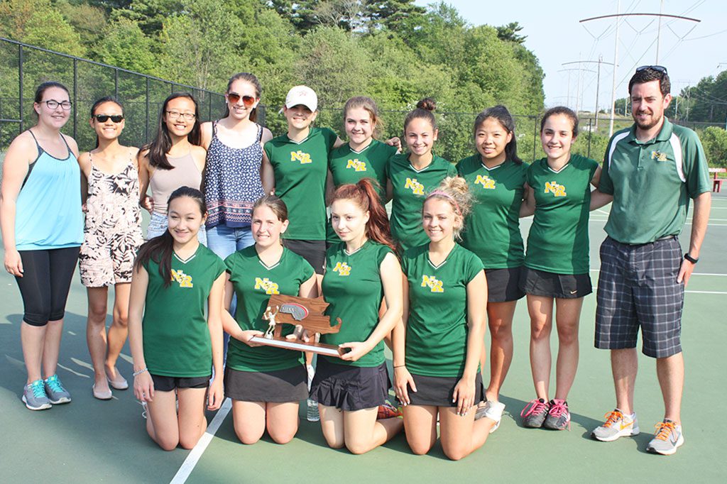 THE GIRLS’ TENNIS TEAM proudly displays the Division 3 North Finalist trophy after falling 5-0 to Lynnfield at Rahanis Park in Burlington on June 12. Front row, from left, Lian Atlas, Meg Carlo, Kaylin Scher and Jenny Crotty. Back row, from left, Hannah O’Connor, Tiffany Le, Amanda Le, Nicole Sullivan, Meghan Griffin, Aly Budny, Marissa Galuppo, Emily Zhang, Tia Campagna and head coach Matt Finn. (Dan Tomasello Photo)