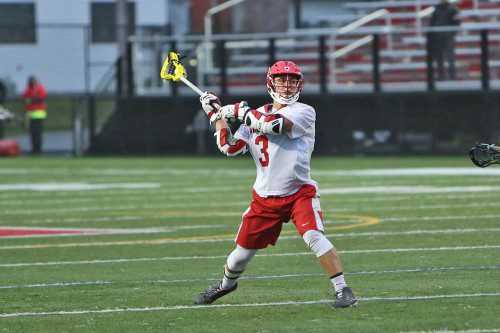 DESPITE A great postseason from Melrose attackers like sophomore Mike Pedrini, the Melrose High Red Raider lacrosse team fell to No. 1 seeded Beverly 10-8 in quarterfinal action last week. (Donna Larsson photo) 