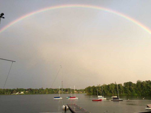 PETE DAVIS took this shot of an impressive double rainbow from the Quannapowitt Yacht Club on Tuesday evening, June 9.