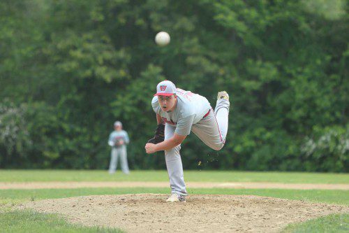 BEN KELLEY was the starting pitcher for the Wakefield Townies B division team of the Lou Tompkins All Star Baseball League last night at Sullivan. The Townies and Winchester played to a 7-7 tie in the season opener for Wakefield. (Donna Larsson Photo)
