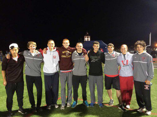 NINE Wakefield Memorial High track and field athletes have qualified to compete in the 2015 New Balance Nationals which will be held in Greensboro, N.C. From left to right are Eric Chi, Alec Rodgers, Joseph Hurton, Ian Ritchie, Jackson Gallagher, Cameron Yasi, Kevin Russo, Julia Derendal and Adam Roberto.
