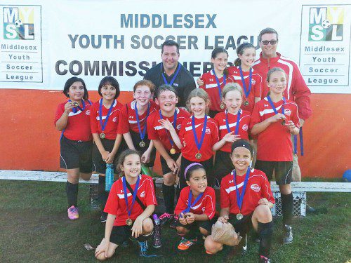 THE WAKEFIELD U10-5B girls' soccer team qualified for the Commissioners Cup tournament in Woburn last weekend and won two out of three games. In the front row are Paige Daly, Bianca Renzullo and Mckenzie McConnell. In the middle row are Sofia Borda, Monika Koni, Sara Pudvah, Isabella Birchem, Gabriela Wolpe, Maeve Forrest and Lea Carangelo. In the back row are Coach Brendan Forrest, Molly Forrest, Katie Bosworth and Coach David Bosworth.