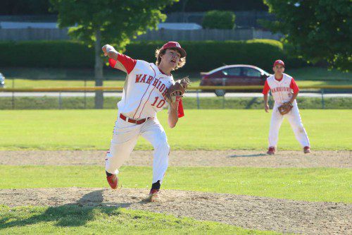 RELIEVER John Evangelista (#10) pitched well for the final two and one third innings for the Warriors while second baseman Mike Caraglia (#5) had an RBI triple in the seventh inning in Wakefield’s Div. 2 North first round tournament game. (Donna Larsson Photo)