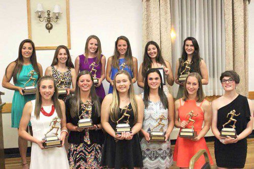THE WMHS girls’ outdoor track recently held its award banquet. In the front row (from left to right) are Allee Purcell (Rookie of the Year Track), Julia Derendal (Rookie of the Year Field), Alex Rollins (Unsung Hero Field), Sara Custodio (Unsung Hero Track), Abby Harrington (Co-MVP) and Sam Ross (Co-MVP). In the second row (from left to right) are Nicole Galli (Coaches award), Lauren Sallade (Coaches Award), Shannon Quirk (Outstanding Distance Runner), Emily Hammond (Lady Warrior Track Award), Nicole Amalfitano (Outstanding Captain) and Sarah Buckley (Outstanding Hurdler).
