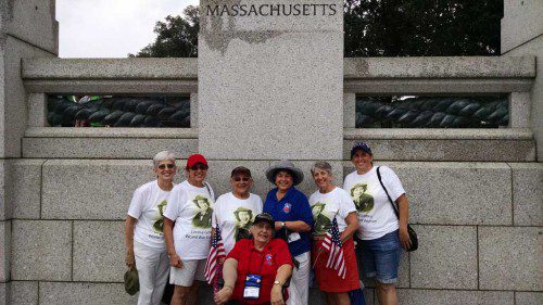 LOUISE DANCA GOBBEO, front center, not only took part in an Honor Flight on July 17 and 18 in Washington, D.C., she was honored by her family members, who joined her in Washington. Standing, from left: Judy Muse, Sally Medico Anastasio, Marge Murray, Mary Danca, Dorothy Harkins and Karen Trembly. 