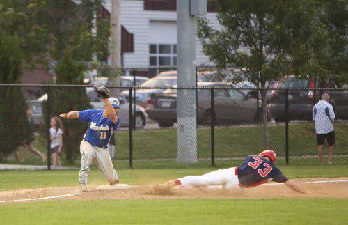 THIRD BASEMAN Mike Sorrentino (left) had two hits for the Wakefield Merchants in their 7-2 victory over the Somerville Thunder last night at Walsh Field. (Donna Larsson File Photo)