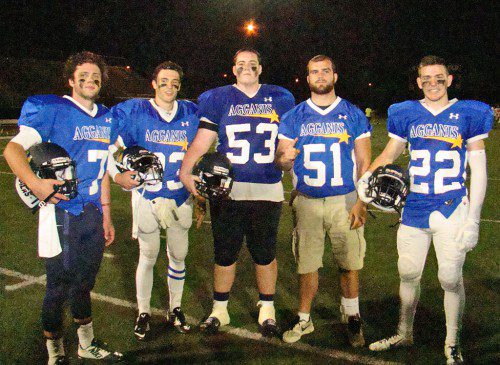 PIONEER POWER. The Lynnfield Agganis All-Stars played in their final high school game on June 25. From left, Dan Sullivan, Jon Knee, Stephen White, David Adams and Cam Rondeau. (Tom Condardo Photo)