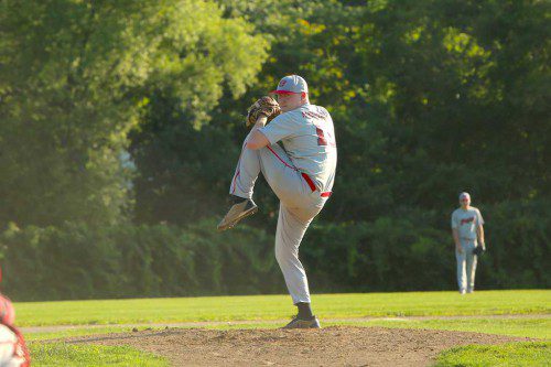 ADAM CHANLEY pitched a good game but unearned runs hurt the Senior Townies in their 5-3 loss against Arlington. Chanley also had an RBI triple in the contest. (Donna Larsson File photo)