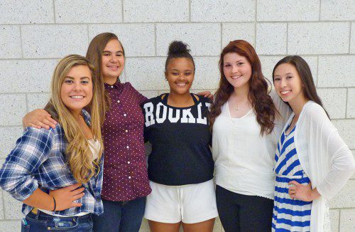 FIVE NRHS VARSITY SOFTBALL PLAYERS were named 2015 Cape Ann League Softball All Stars. From left: Tara Driver, freshman, All-Star Second Team; Julia Perrone, sophomore, All-Star Second Team; Kendra Butner, senior, MVP in the CAL Kinney Division and All-Cape Ann League first team All-Star; Cassidy Gaeta, sophomore, All-Star Second Team and Carly Swartz, junior, All-Cape Ann League first team All-Star. Swartz and Taylor Connor have been named team senior captains for next year. (Courtesy Photo)