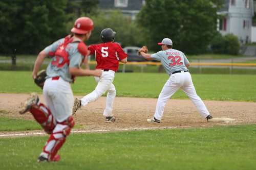 DEVIN SHAW (right) gets the putout at first during a recent LTA game for the Wakefield Townies in the A division. The Townies pulled out a 2-1 victory over Winchester in a well-played contest last night at Walsh Field. (Donna Larsson File Photo)
