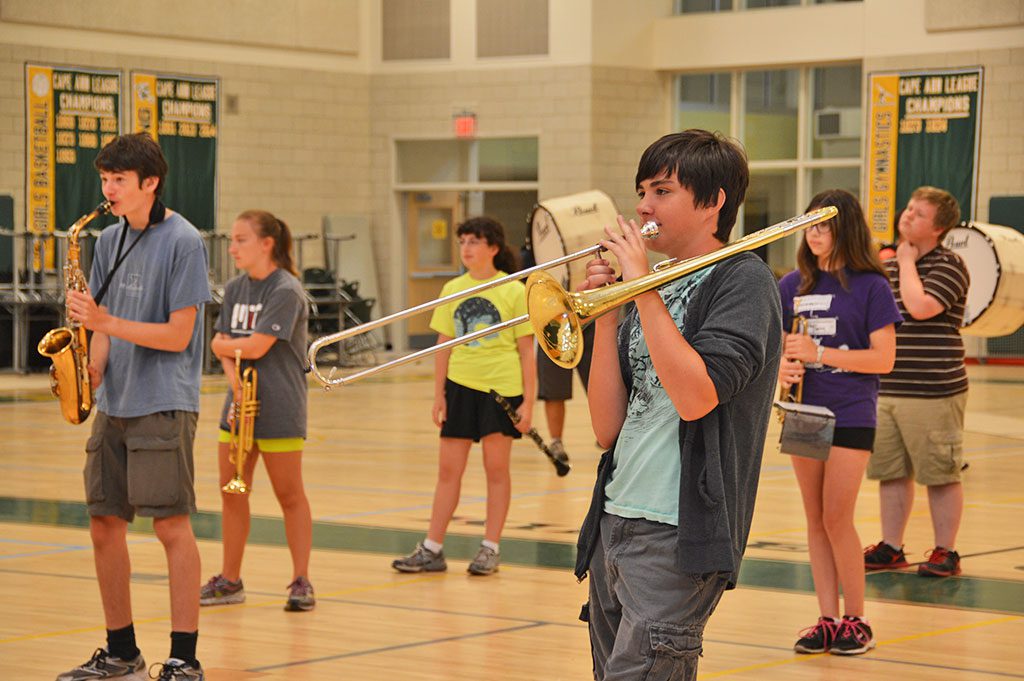 BAND CAMP for the NRHS Marching Band made good use of the high school gymnasium to practice, practice, practice during Friday's torrential downpours. (Bob Turosz Photo)