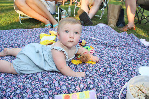 SIX-MONTH-OLD Emily Conlon takes in all the sights and sounds surrounding her while picnicking with her family during last week's summer concert on the common. It was the final event in the series sponsored by the Rotary Club. (Maureen Doherty Photo)