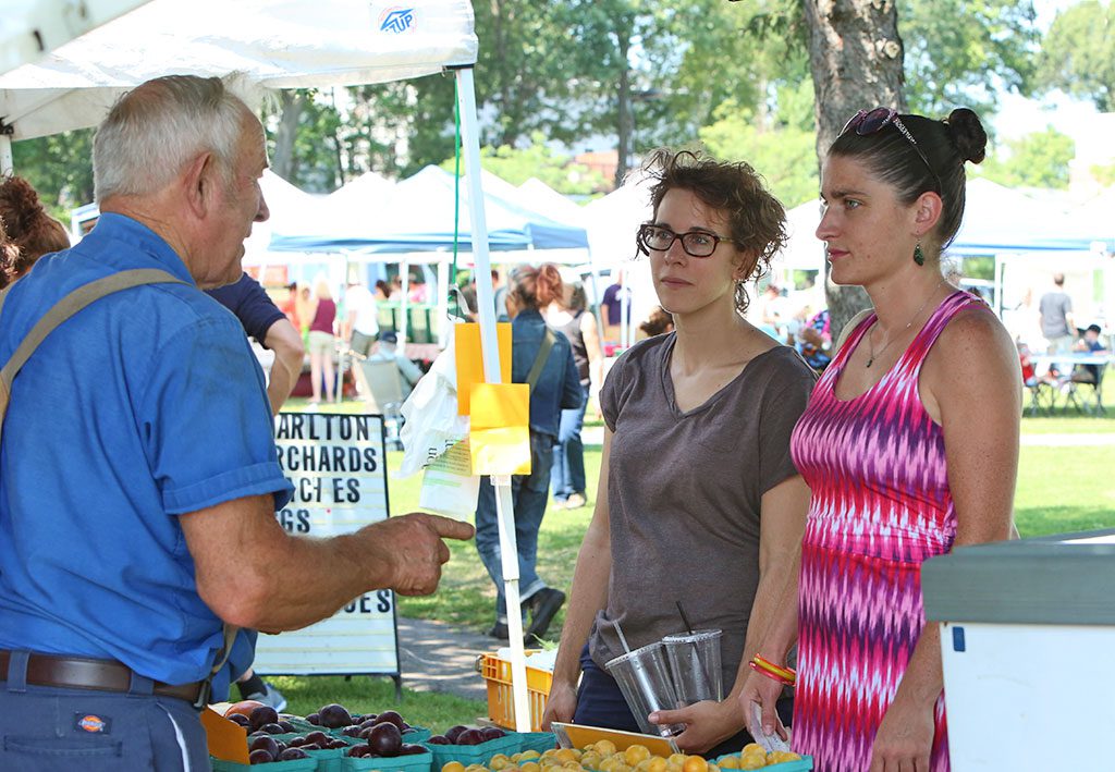 SARAH REUL AND SARAH GORDON discuss organic growing with a representative of Charlton Orchards during Saturday’s farmers market in Hall Park. (Donna Larsson Photo)