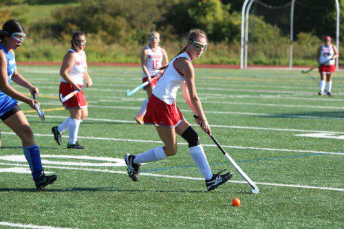MEG HORRIGAN, a junior midfielder, had a strong game and was able to push the ball up to the forwards on the attack. As a result, the Warriors defeated Burlington by a 6-3 score yesterday at Beasley Field. (Donna Larsson File Photo)