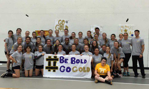 MEMBERS OF the WMHS girls' volleyball program took part in the Be Bold, Go Gold fundraiser last night at the Charbonneau Field House. All proceeds raised will go to help fund Childhood Cancer research. (Alissa Story Photo) 
