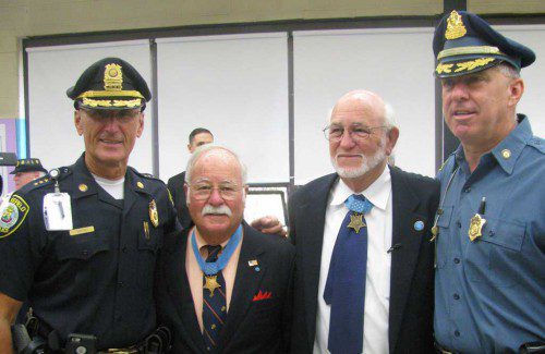 FROM THE LEFT ARE Wakefield Police Chief Rick Smith, Medal of Honor winners Harvey Barnam and Robert Ingram, and Massachusetts State Police Major Arthur Sugrue. (Mark Sardella Photo)