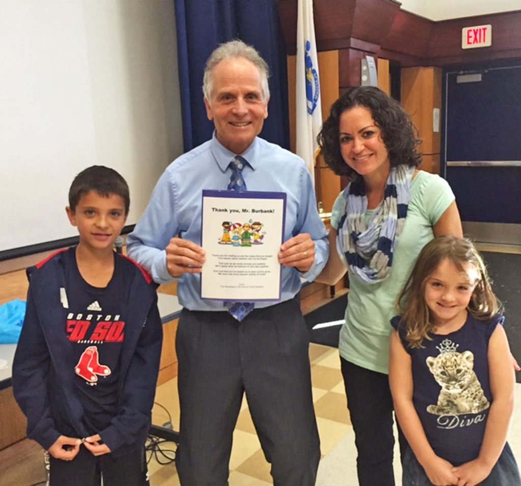 WBZ METEOROLOGIST Barry Burbank visited the third grade at Huckleberry Hill School Oct. 7. He discussed the weather and what it’s like to be a meteorologist. He was also presented with a thank you card from local students. From left, Maxwell D’Amore, Burbank, Elementary Science Curriculum Director Christina Noce and Emily Toscano. (Melissa Sorrentino Photo)